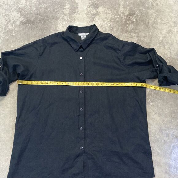 Sutton Studio Shirt Womens 1X Black Linen Roll Tab Button Down Collared - Picture 2 of 8